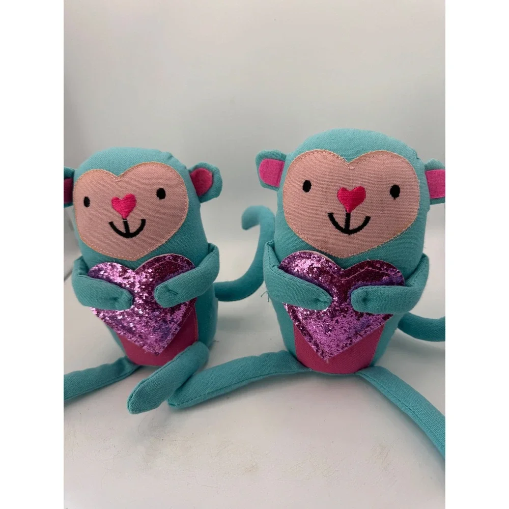 Cute Teal‎ Monkey Plush Stuffed Animal Glitter Heart Valentine Love
